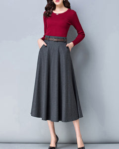 High waist skirt, Winter skirt, Midi skirt, Wool skirt, dark gray skirt, long skirt, vintage skirt, flare skirt, Wool skirt with belt Q0025