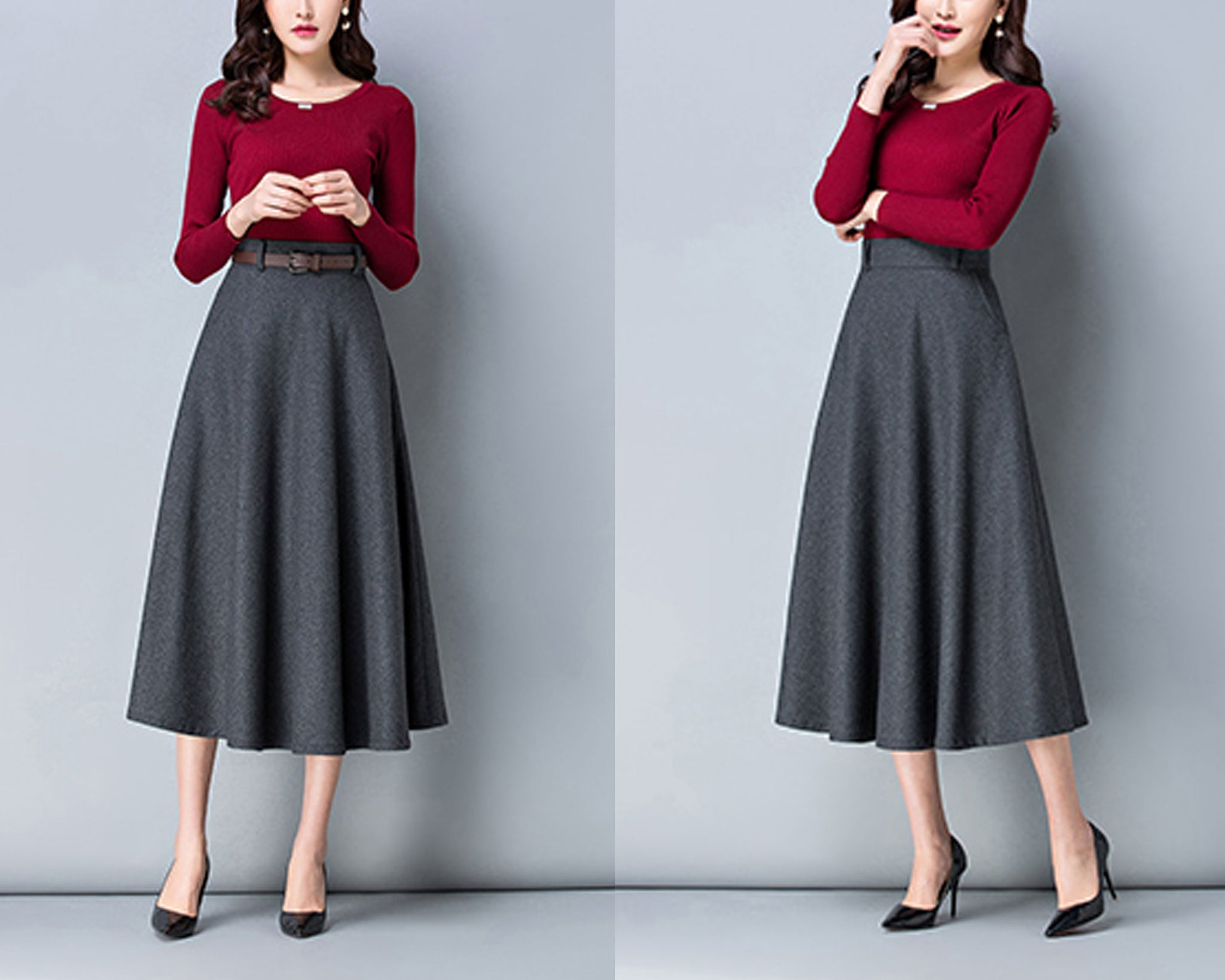 Wool skirt, midi skirt, Winter skirt, dark gray skirt, long skirt, vin –  lijingshop