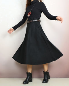 Wool skirt, Midi skirt, Winter skirt, Wool skirt with belt, custom made skirt, black skirt (Q2143)