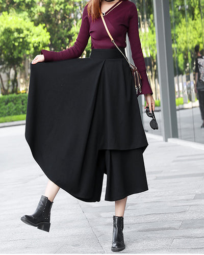 wide leg pants, wool skirt pants, womens black trousers, pants with pocket, winter pants(K1909) - lijingshop