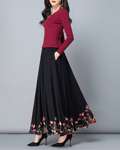 Women's embroidered skirt, elastic waist skirt, maxi skirt, flare skirt, cotton skirt, high waist skirt, long skirt, A-line skirt Q0056