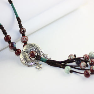 Original handmade fish necklace long ceramic tassel sweater chain ethnic accessories literature and art(L1916)
