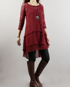 Chiffon Slip Dress/Lace Top with 3/4 Sleeves/Maternity Tunic Dress/Oversize Chiffon Tunic Dress Set/Casual Tunic Top(Q1801)