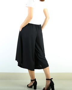 Yoga skirt pants/black skirt pants/oversized pants/elastic waist pants/asymmetrical trousers (K1661)