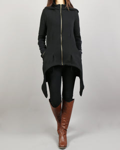 Asymmetric jacket, Jacket for women, jacket with hood, Women cotton jacket, Black Hooded Coat, Thumb Holes, Extravagant Unique coat(Y1180)