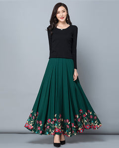 Women's embroidered skirt, elastic waist skirt, maxi skirt, flare skirt, cotton skirt, high waist skirt, long skirt, A-line skirt Q0056