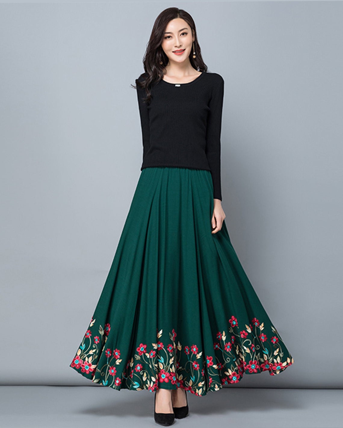 Women's elastic waist skirt, embroidered skirt,maxi skirt