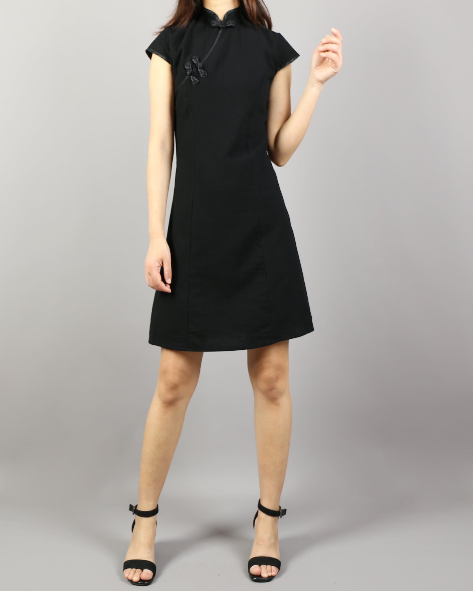black chinese dress short Black Qipao Mini Dress with Pearls