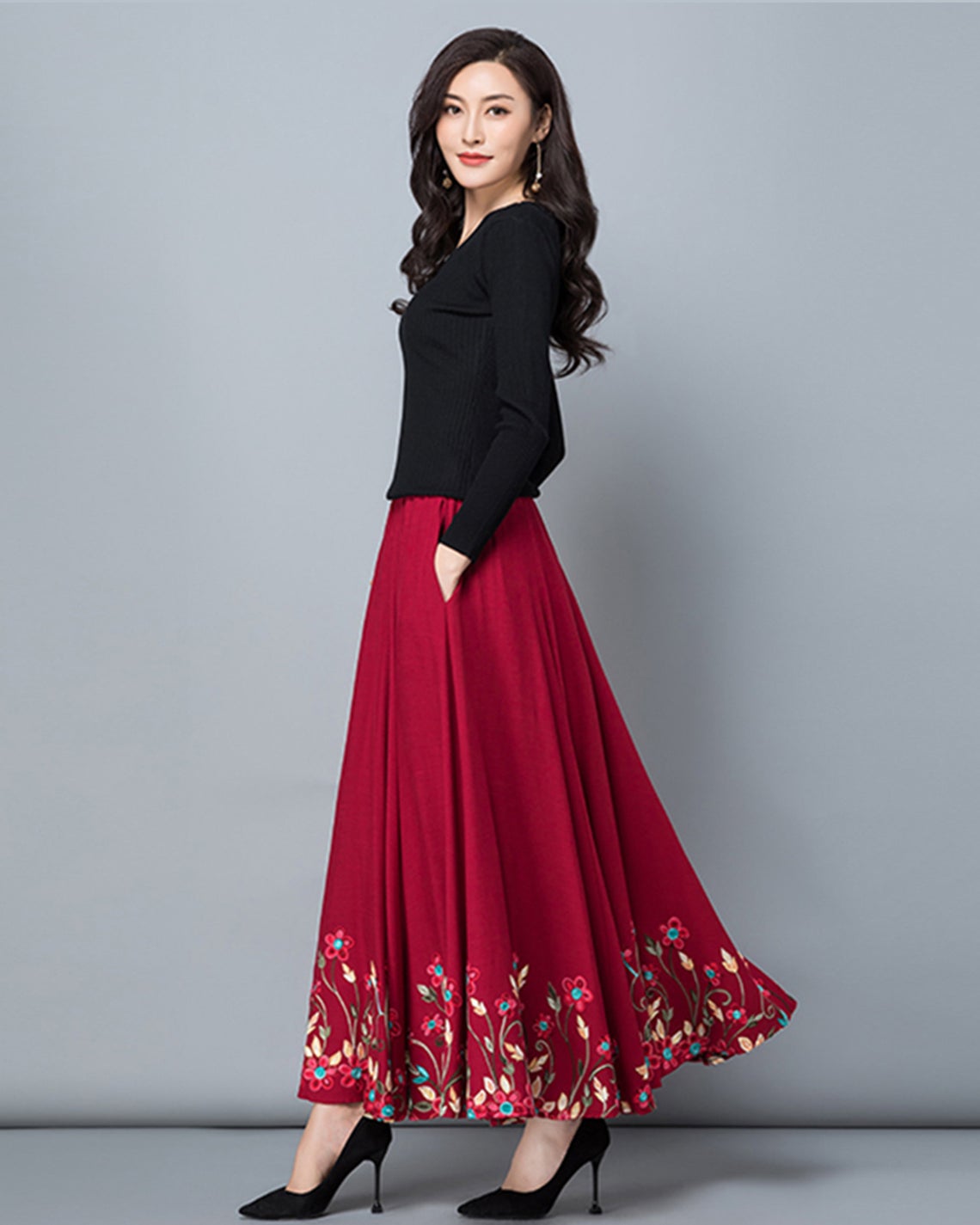 Women's maxi skirt, embroidered skirt, elastic waist skirt