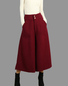 Wool wide leg pants, loose pants, Cropped pants, black trousers, mid-calf length pants, handmade winter pants(K1908)