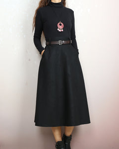 Wool skirt with belt, winter skirt, custom made skirt, midi skirt, black skirt (Q2143)