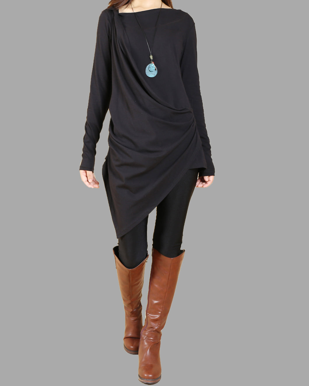 Asymmetrical Cotton Top/Long Sleeve Tunic Dress/cotton  t-shirt/Customized shirt/Tunic Top for Leggings(Y1704)