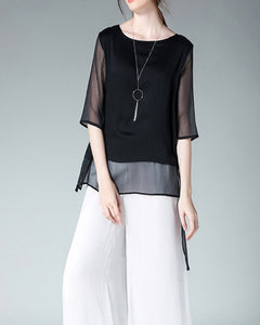 Women's white blouse/asymmetrical chiffon tunic top/oversized black t-shirt/short sleeve top(Y1931) - lijingshop