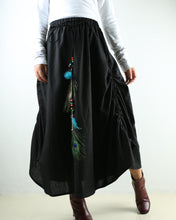 Load image into Gallery viewer, Women&#39;s linen skirt/maxi skirt/elastic waist peacock feather skirt/plus size skirt/oversize skirt/casual skirt/black skirt(Q1009) - lijingshop
