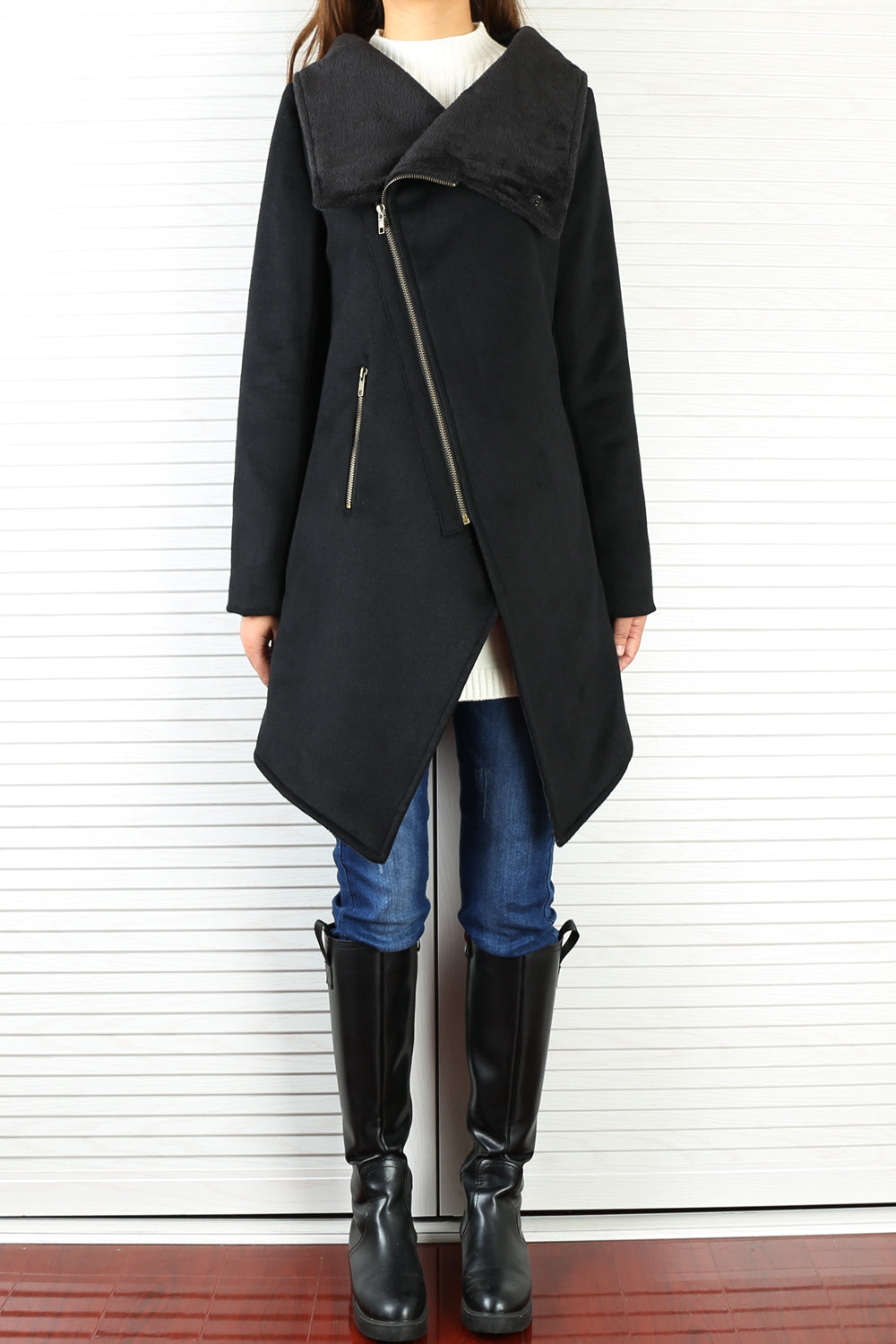 Asymmetrical Cashmere jacket/Womens Winter Jacket/Wool Coat/Trench  Coat/zipper coat/Long Overcoat(Y5130)