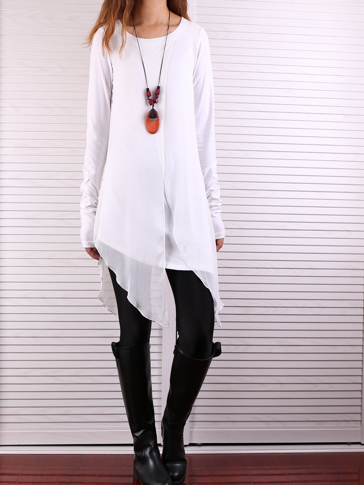 Womens Long Sleeve Top/Cotton and Chiffon Tunic Dress