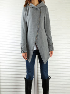 Black Hooded Jacket with Zipper/Women Jacket/Cotton Fleece Cardigan/Hood Fleece Coat(Y3119) - lijingshop