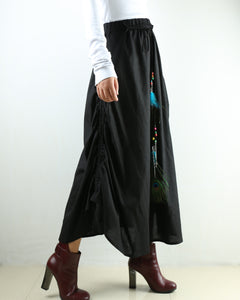 Women's linen skirt/maxi skirt/elastic waist peacock feather skirt/plus size skirt/oversize skirt/casual skirt/black skirt(Q1009) - lijingshop