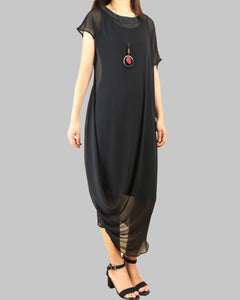 Women pleated chiffon dress set/crew neck dress/modal cotton dress/short sleeve dress/asymmetrical dress(Q1515)