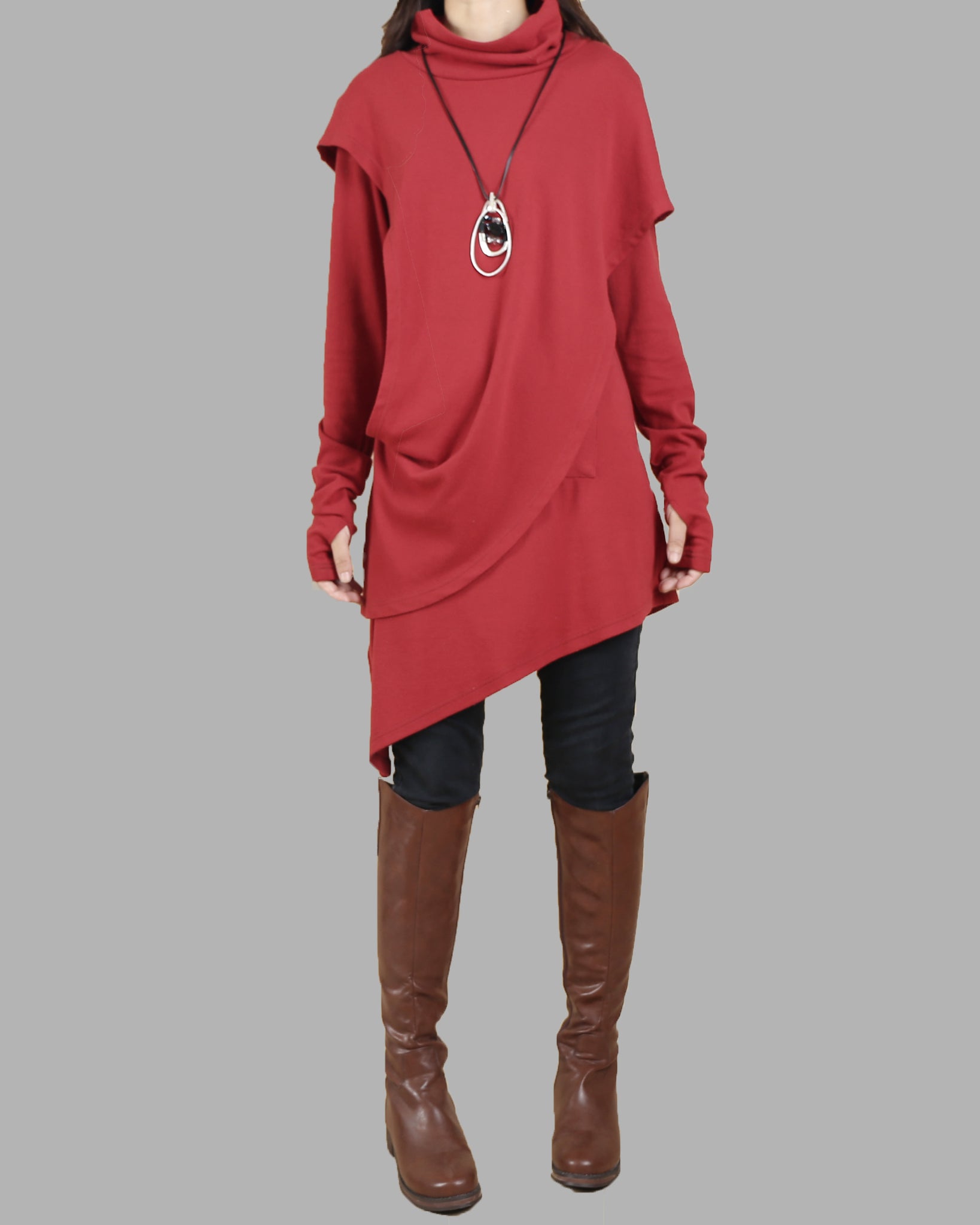 Cotton Tunic dress/Thumb hole Sleeves tunic dress/High Neck Dress/Wome lijingshop Cotton Tunic dress/Thumb hole Sleeves tunic dress/High Neck Dress/Wome lijingshop