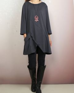 3/4 sleeve cotton tunic top, Boho tunic tops, casual loose t-shirt, women's dark blue long tops(Y2008)