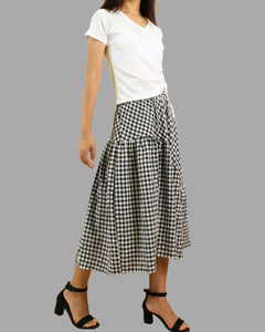 Plaid skirt, elastic waist skirt, high waist skirt, midi linen skirt, flared skirt, checkered skirt(Q1060)