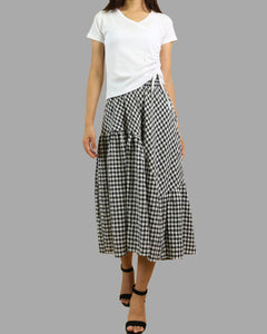 Plaid skirt, elastic waist skirt, high waist skirt, midi linen skirt, flared skirt, checkered skirt(Q1060)