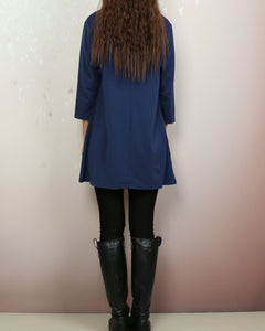 Cotton tops, 3/4 sleeve cotton tunic top, Boho tunic tops, casual loose t-shirt, women's dark blue long tops(Y2008)