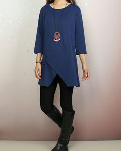 Cotton t-shirt, 3/4 sleeve cotton tunic top, Boho tunic tops, casual loose t-shirt, women's dark blue long tops(Y2008)