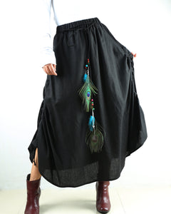 Women's linen skirt/maxi skirt/elastic waist peacock feather skirt/plus size skirt/oversize skirt/casual skirt/black skirt(Q1009) - lijingshop
