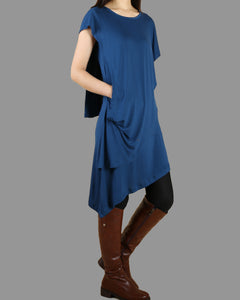 Women's modal cotton dress/crew neck Dress/short sleeves tunic top/blue tunic top/cotton asymmetric long t-shirt/Oversized Casual Customized T-shirt(Y1535S)