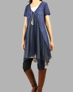 Women's 2 pieces dress, layered tunic dress set, cotton tank dress, chiffon dress, short sleeve dress, summer dress (Q1505)