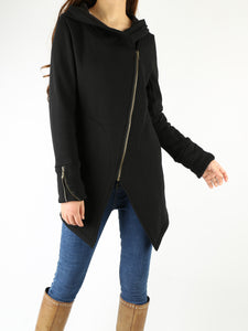 Women Jacket/Black Hooded Jacket with Zipper/Cotton Fleece Cardigan/Hood Fleece Coat(Y3119) - lijingshop